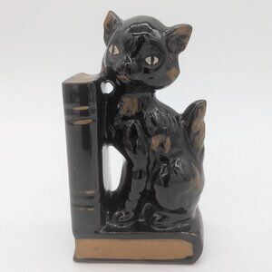 Vintage Black And Gold Cat One Bookend Redware Single MCM Pen Pencil Holder